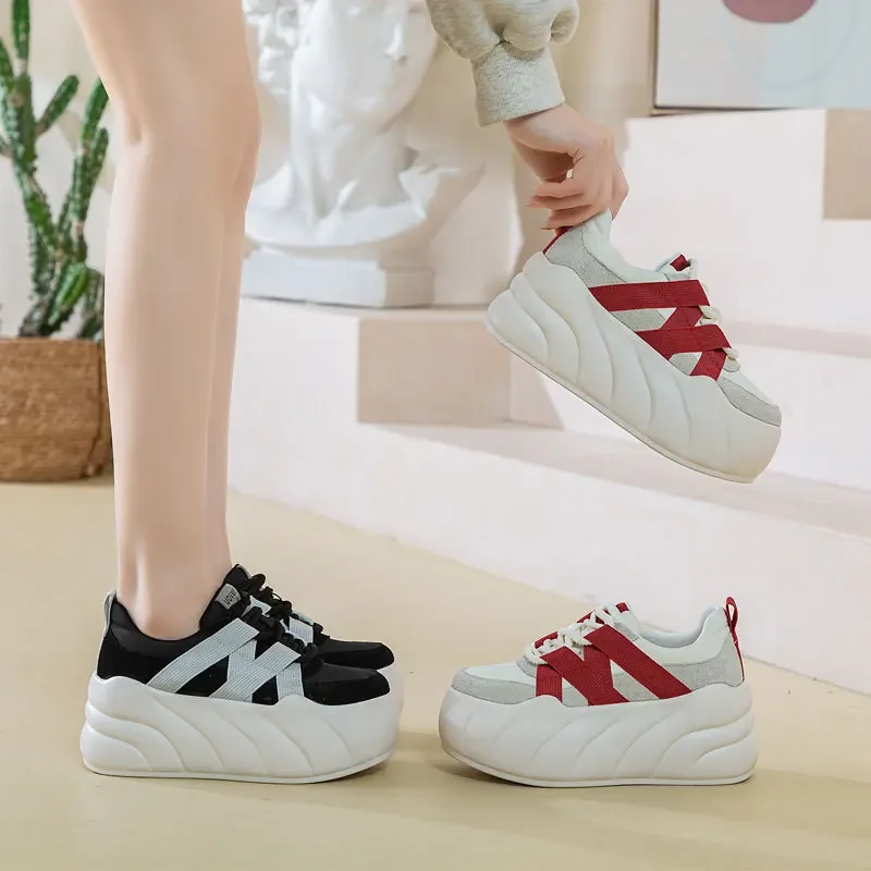 Sepatu Sneakers Chunky Platform tinggi stabil wanita sintetis 8cm Fashion musim semi musim gugur sepatu renda kulit sapi asli