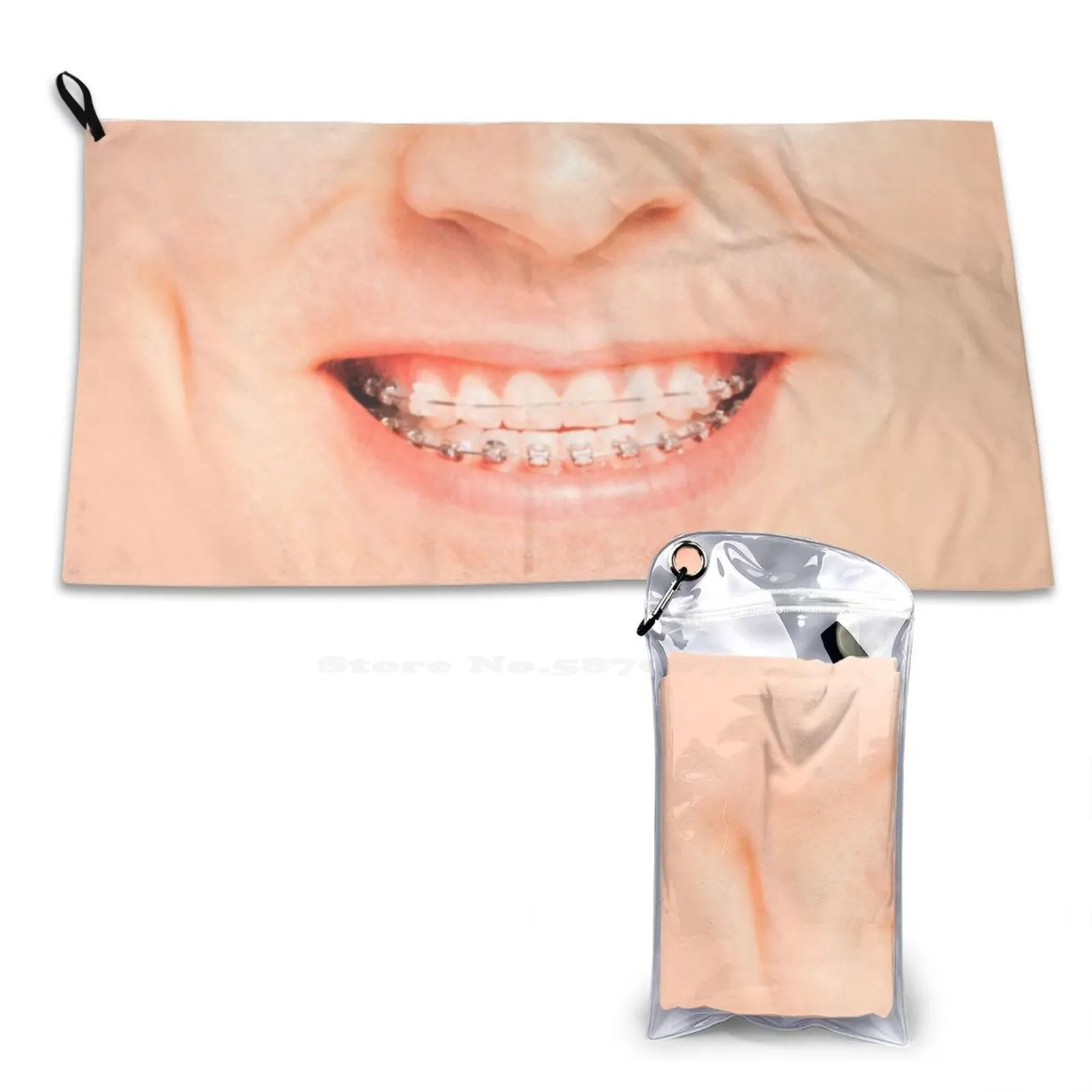 Funny Man Braces Mask Realistic Face Pattern Soft Face Towel Home Outdoor Man Funny Mouth Teeth Freckies Braces Wearing With