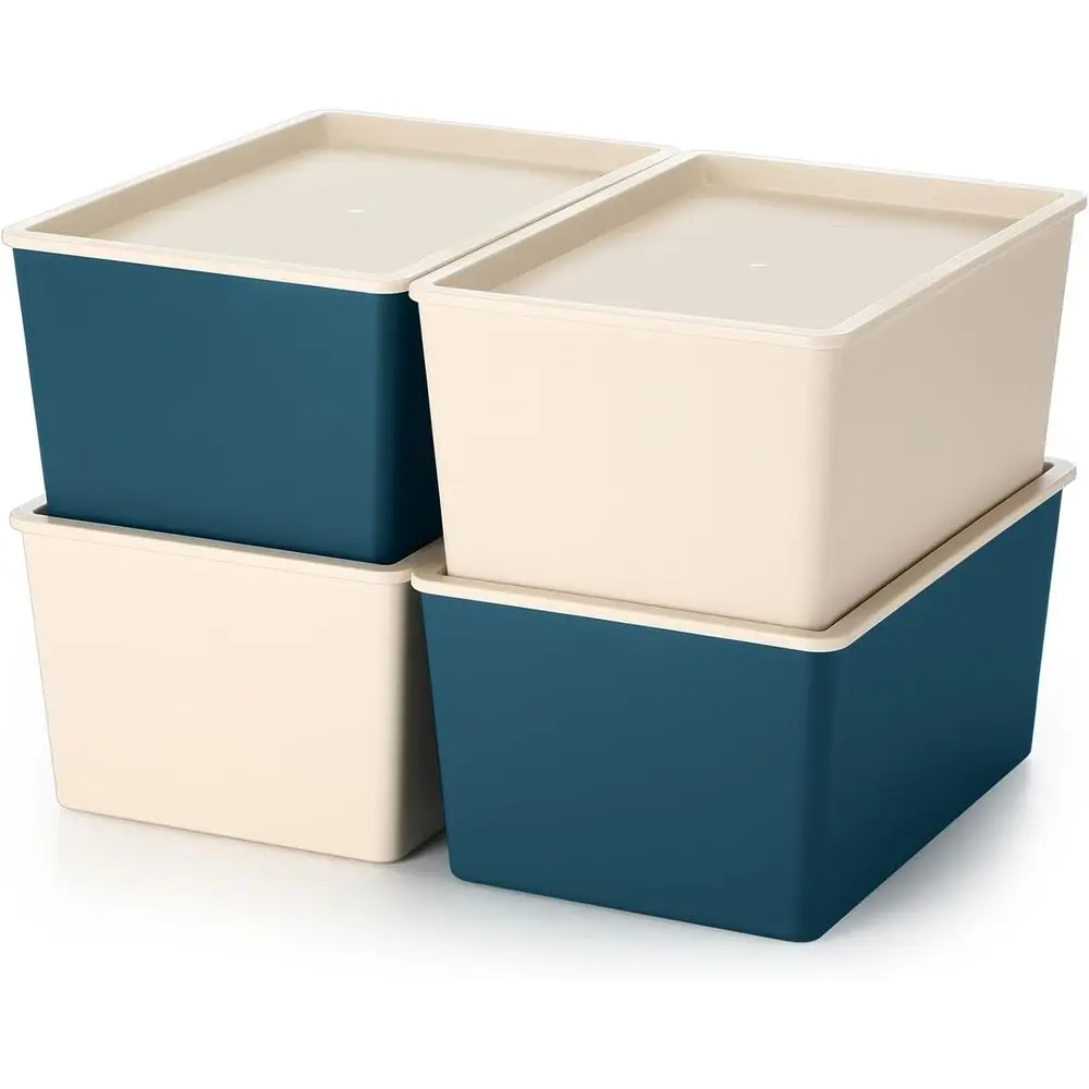 

4 Pcs Storage Bins with Lids Plastic Stackable Containers for Organizing Shelves Christmas Ornament Box Baskets(Beige, Blue,Smal