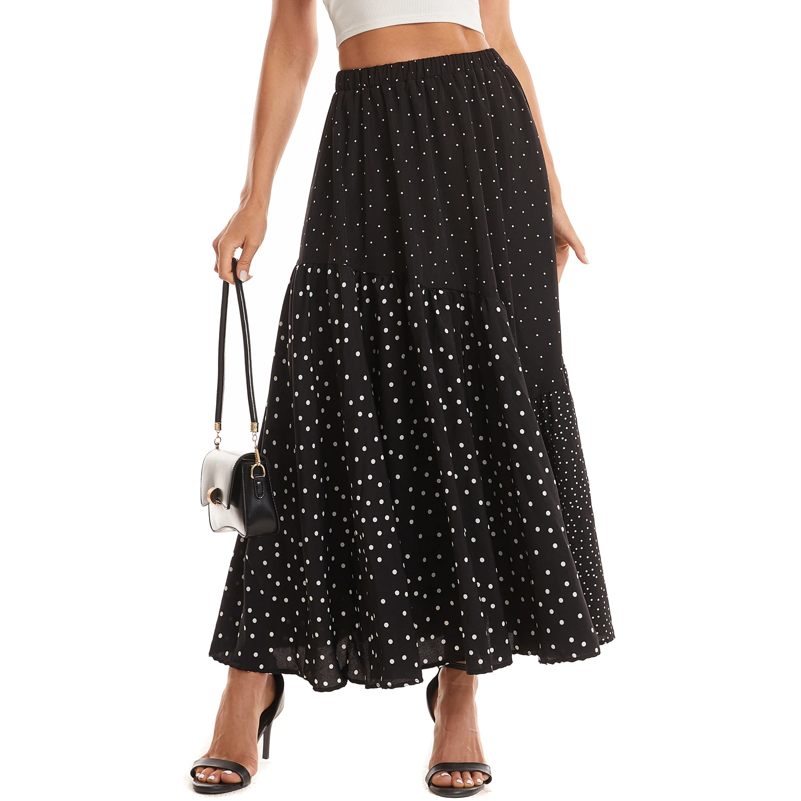 تنورة متوسطة الطول منقطة مرقعة مع بطانة - لوحات غير متماثلة مبطنة بشكل واسع بطول الكاحل وخصر مرن #6