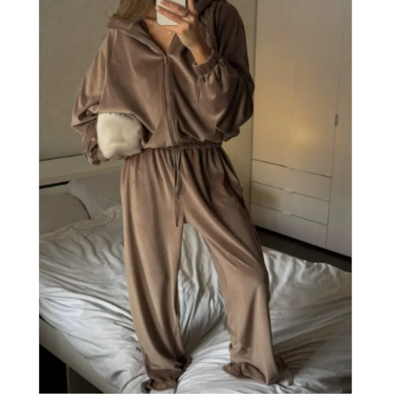 

Casual Sports Set Women's Clothing Fashion Solid Long Sleeve Hooded Coat Tops+Wide Leg Pants 2 Piece Sets Lady High Street New
