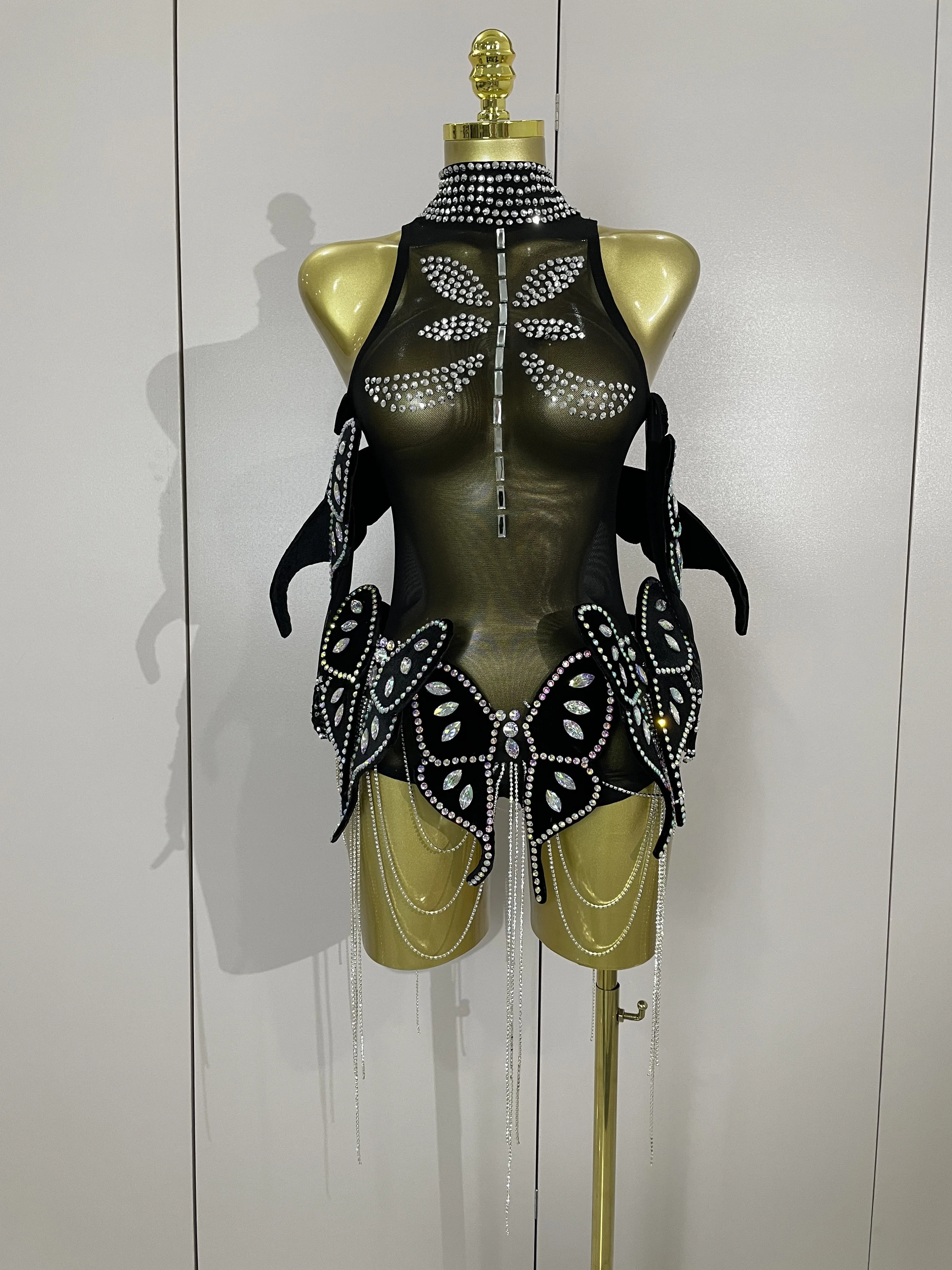 

Sparkly Rhinestones Butterfly Chain Stretch Bodysuit With Sleeves Women Sexy Mesh See Through Nightclub Singer DJ Stage Costume