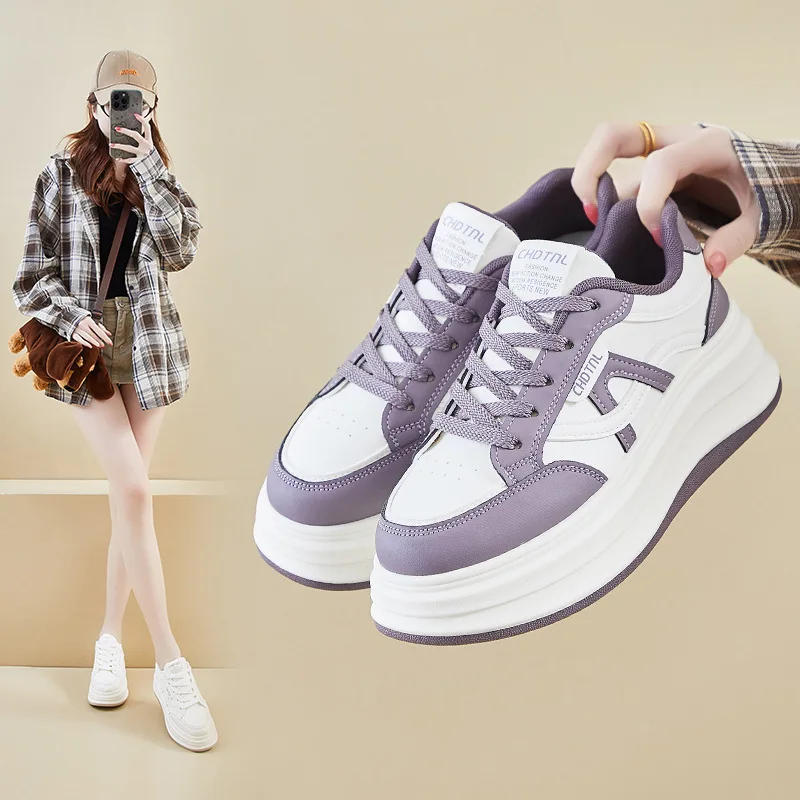 2026 Women's Spring White Sneakers New Korean Style Thick-Topped High-Heeled Sport Shoes for Casual