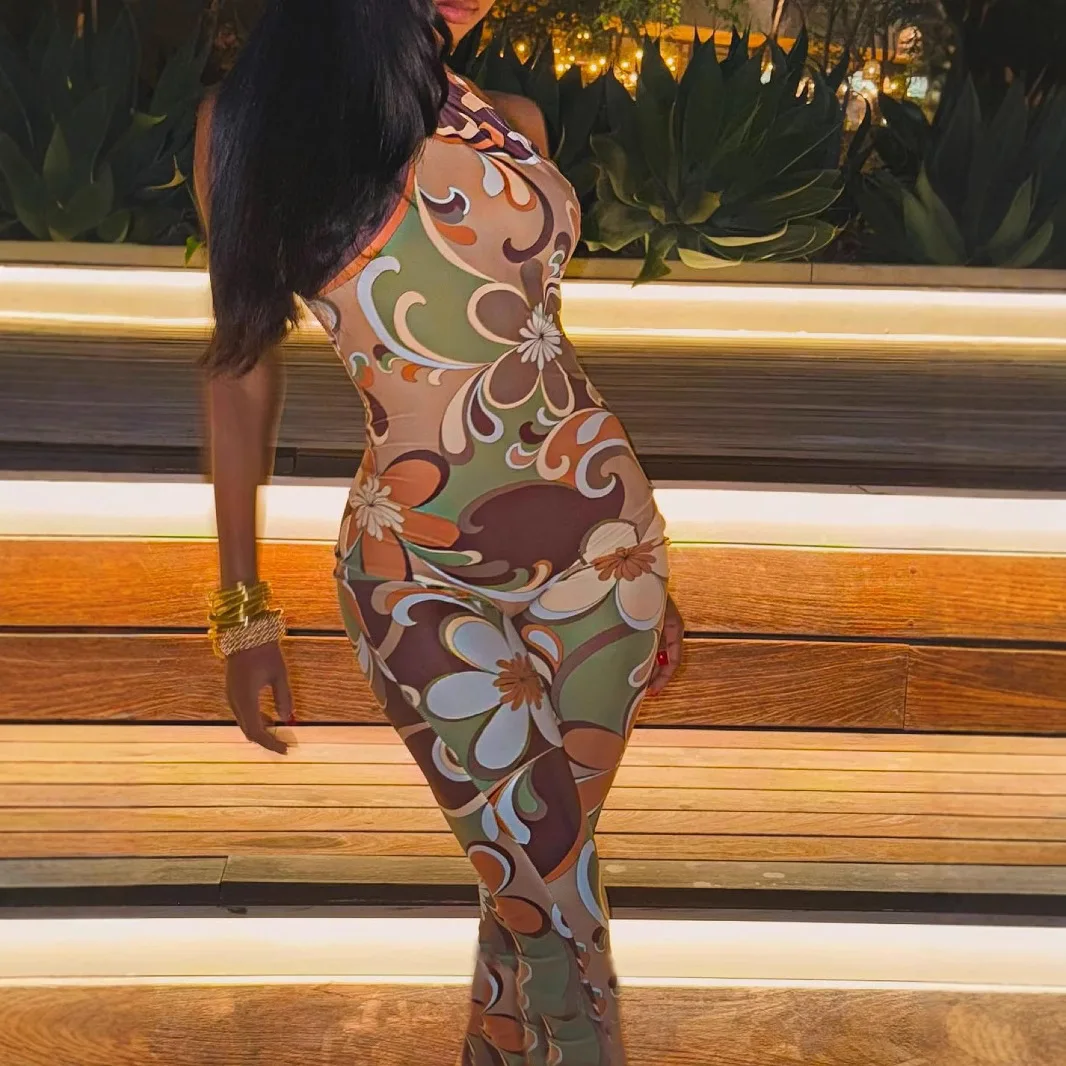 女性ジャンプスーツプリントロンパースオープンバックホルターネックノースリーブ足首丈エンパイアウエストパンツスリムフィットストリートウェア2025夏