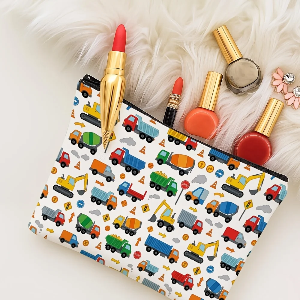 Kids Construction Vehicle Cosmetic Bag Cartoon Excavator Dump Truck Print Zipper Pouch Stationery Storage Bag