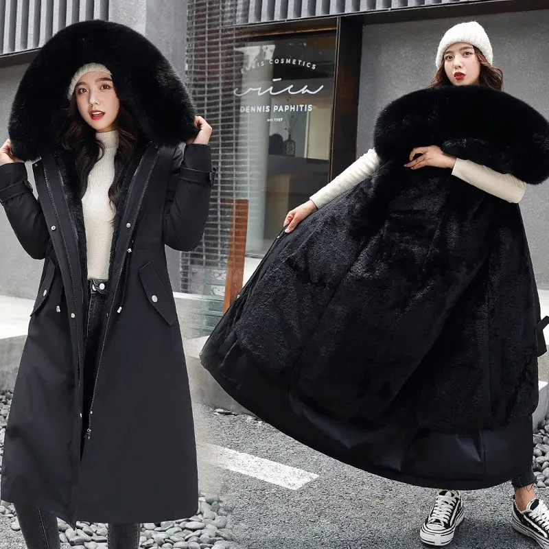 Women Winter Jacket Hooded X-Long Thick Faux Fur Padded Parkas Distachable Plus Size Coat Windbreaker Female Black Red Outerwear