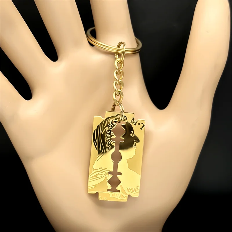 Hip Hop Jesus Blade Razor Shape Pendant Key Chain for Women Men Stainless Steel Gold Color Keyring Amulet Jewelry Gift