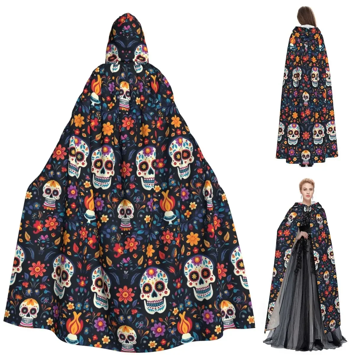 

Длинный плащ с капюшоном и рисунком черепа, средневековый костюм ведьмы, накидка для косплея, пальто на Хэллоуин для взрослых, унисекс