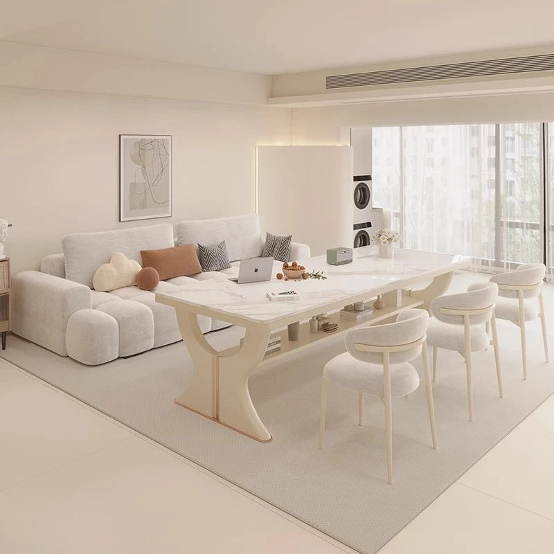 

Solid wood rock slab French cream style living room large desk worktable dining table household calligraphy table integrated
