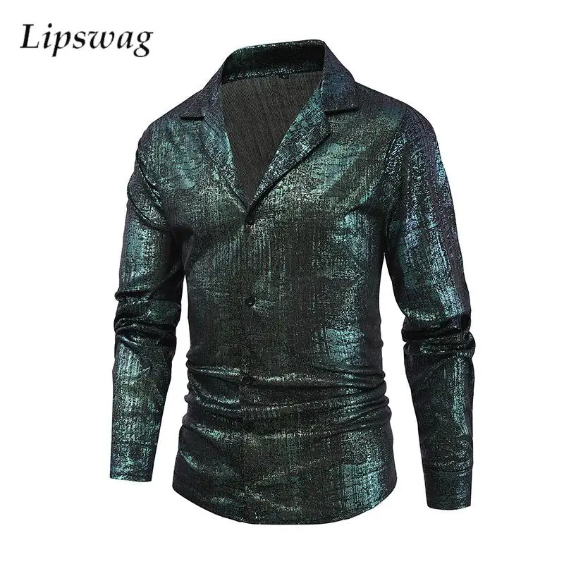 Party Fashion Glitter Sequin Shirt Mens Spring Autumn Long Sleeve Buttoned Lapel Shiny Blouse Vintage Pure Color Outerwear Men