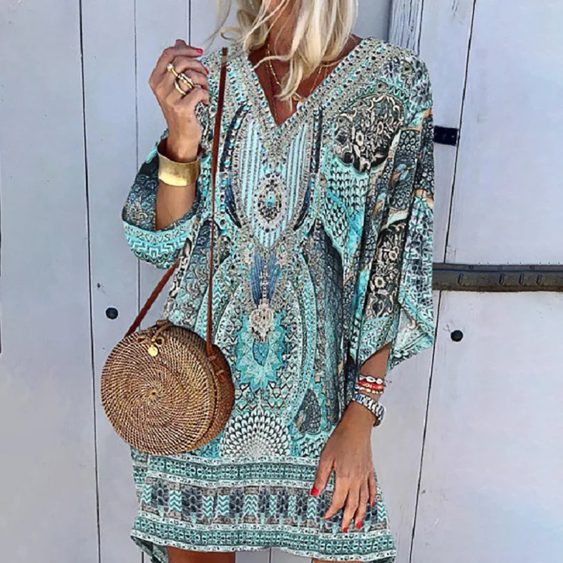 

Summer Bohemian Print Dress women V-neck Long Sleeve Loose Casual Dress Vintage Beach Style Boho Sundress Female