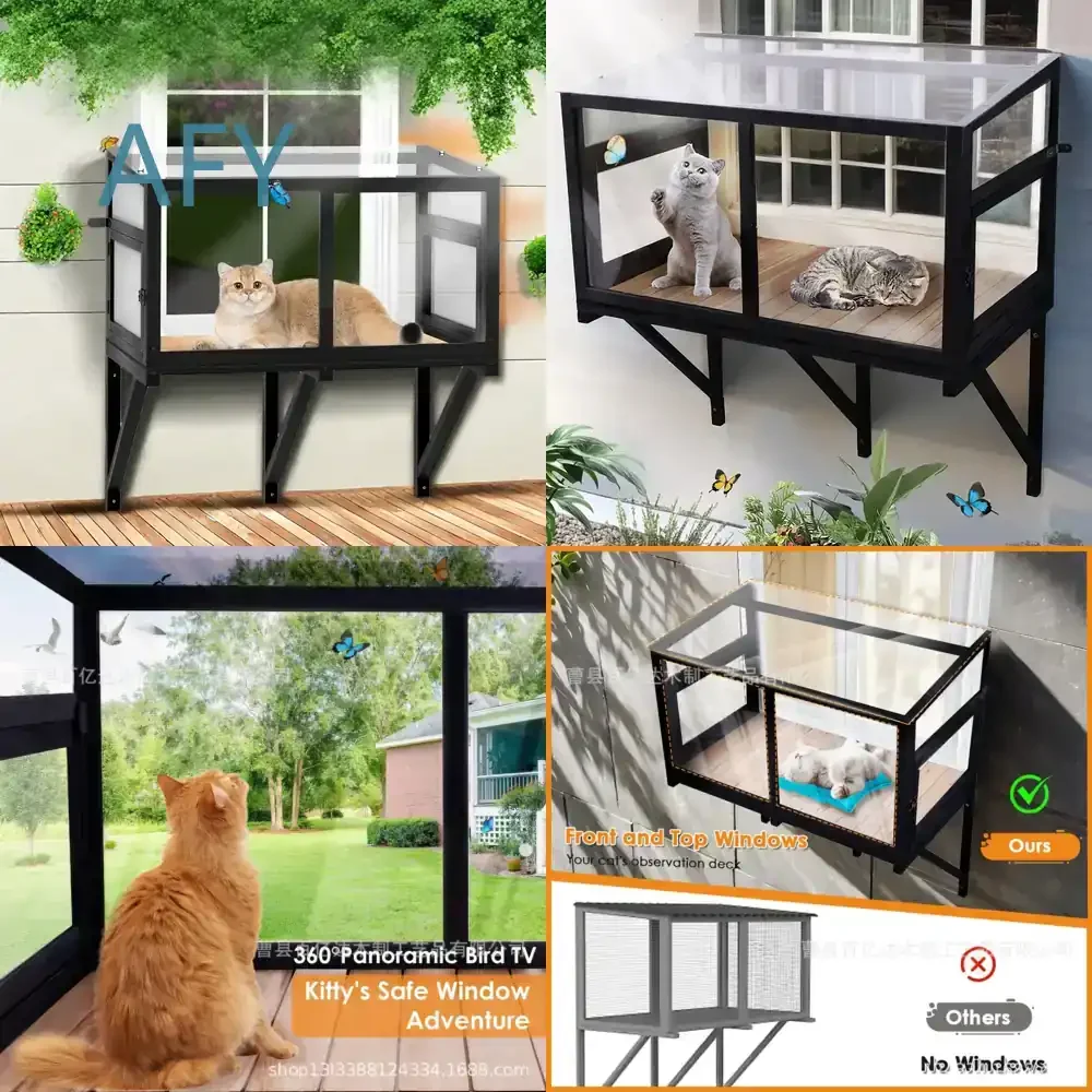 Wooden Cat Window Box Perch for Balcony Courtyard Outdoor Fence with Insect Line for Cats