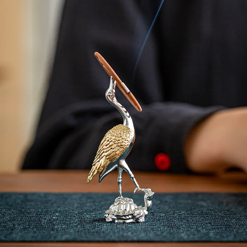 Crane On Turtle Alloy Incense Holder, Zen Home Tea Room Decor, Incense Burner For Sandalwood, Indoor Aroma Stick & Coil Incense
