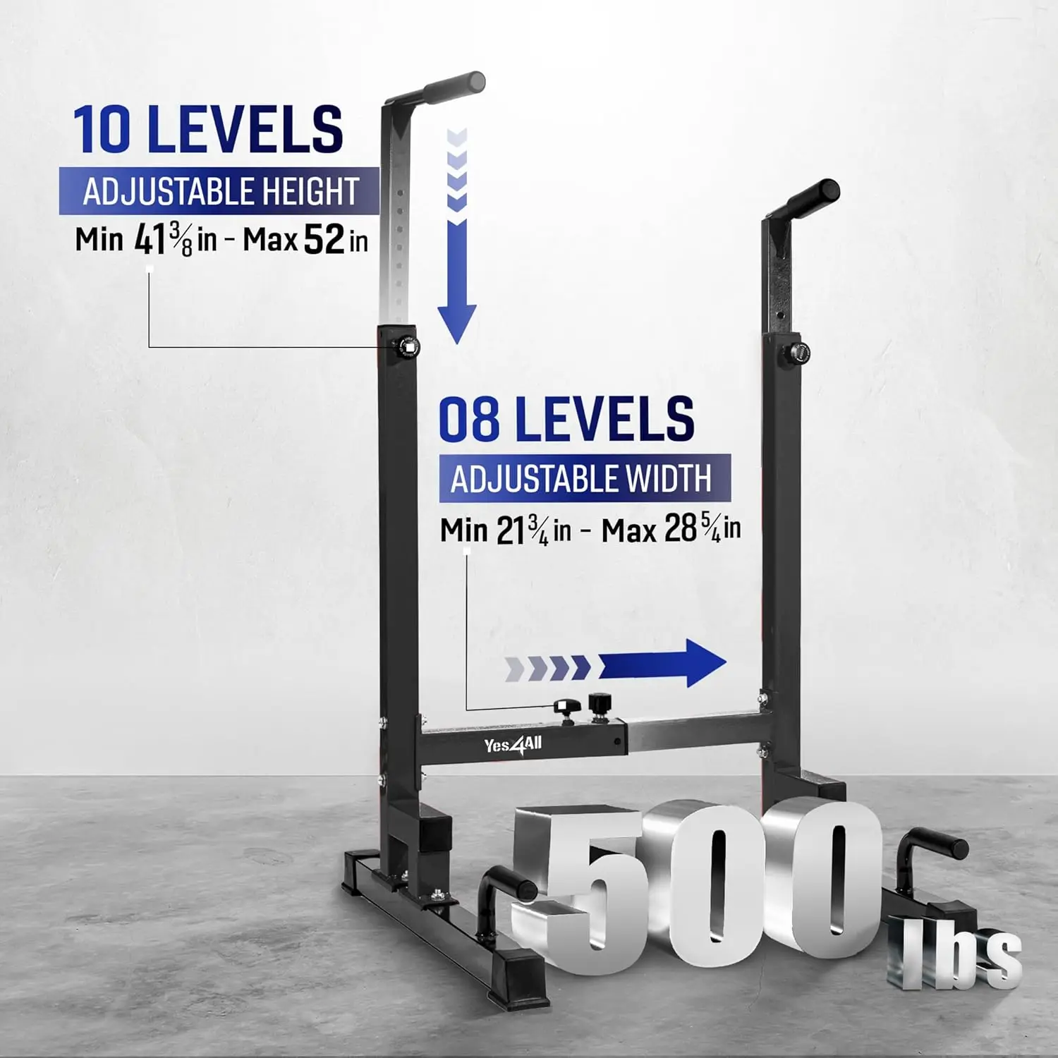 Home Gym Dip Stand - 500 LBS Capacity, 80 Levels Adjustable, Steel Material, Silver Color