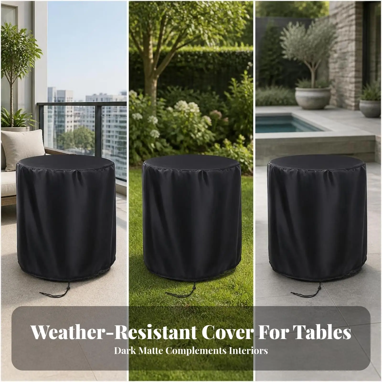 Patio Round Table Cover with Umbrella Hole Drawstring Closure for Compact Garden Furniture