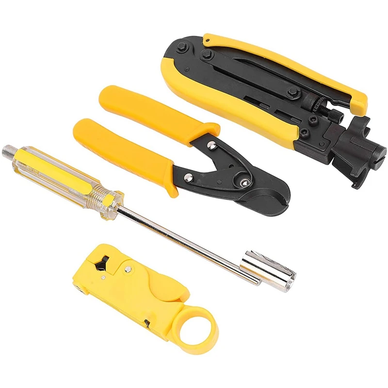 Coaxial Crimper Stripper Professional Compression Tool Kit Multifunctional Head Cable Pliers Compression Tool (4 Pcs)