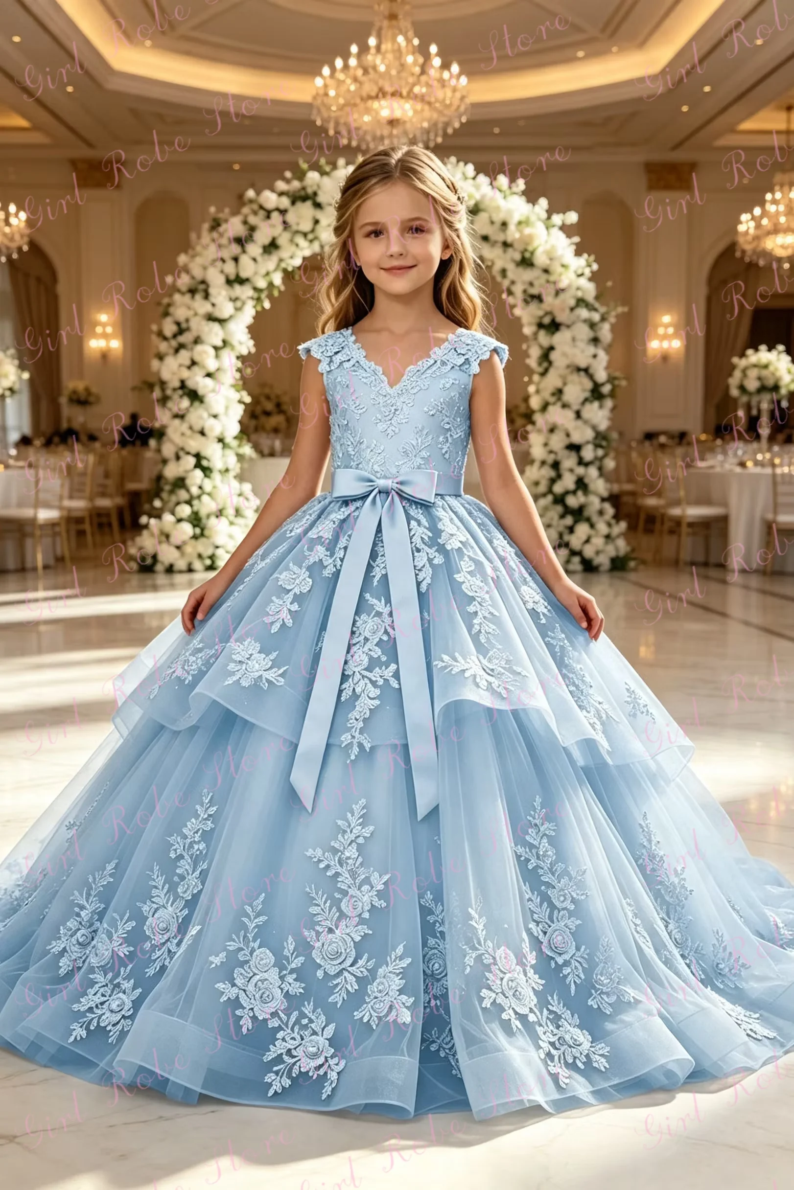 Princess Sky Blue Flower Girl Dress For Wedding Tiered Floor Length Appliques With Bow Kids Birthday Banquet Gown Customized