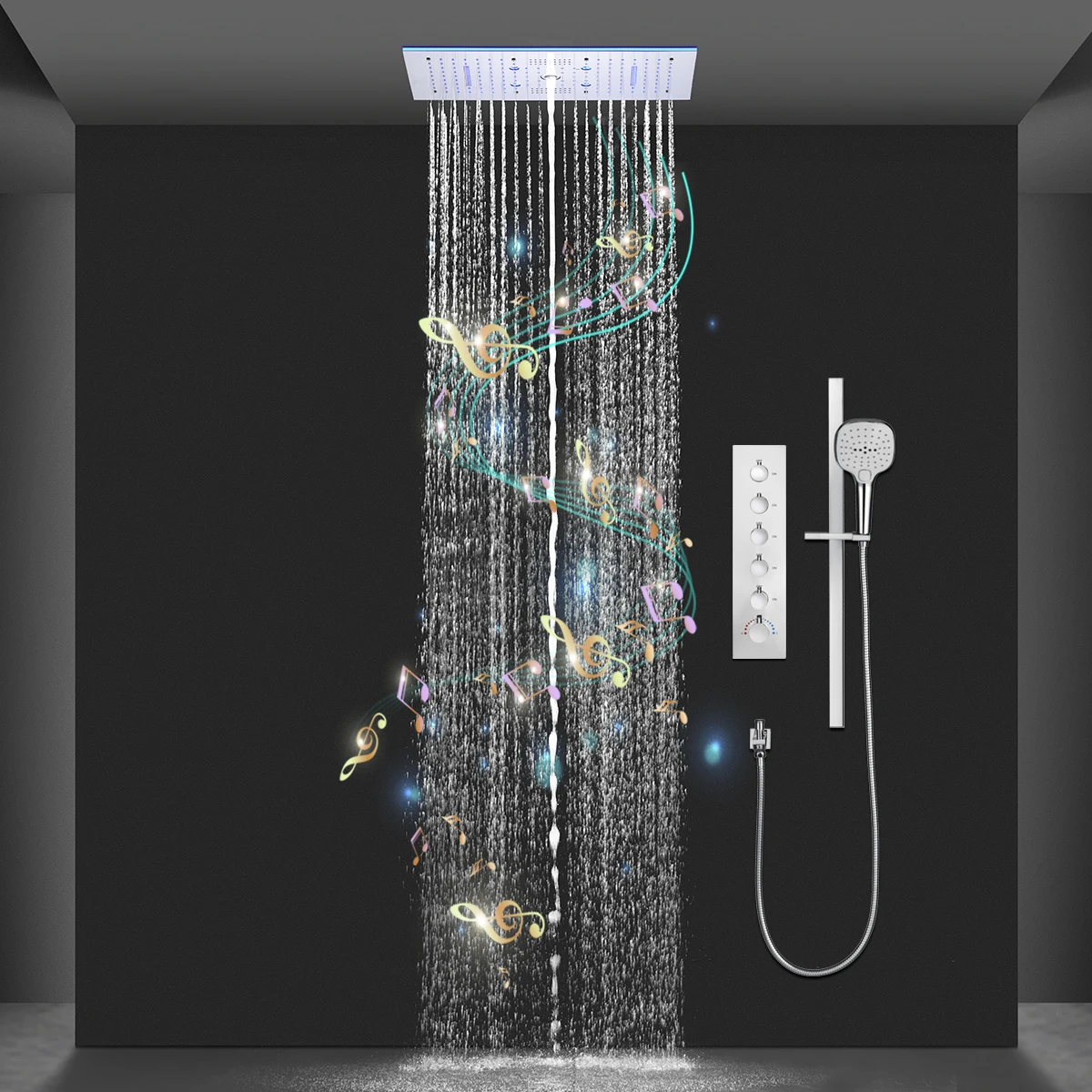 Imagem -04 - Música Rgb Led Shower Head Painel Faucet Grupo Temperatura Constante Termostática Vertical Mixer System 24x12 Polegada 600x300 mm