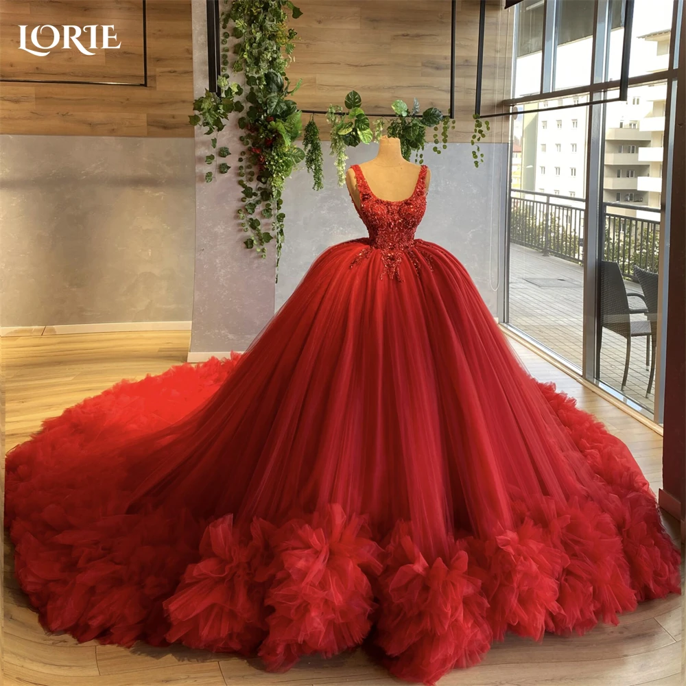 LORIE Burgundy Tulle Formal Prom Dresses Square Collar Glitter Ball Evening Dress Tiered Ruffle Customized Princess Party Gown