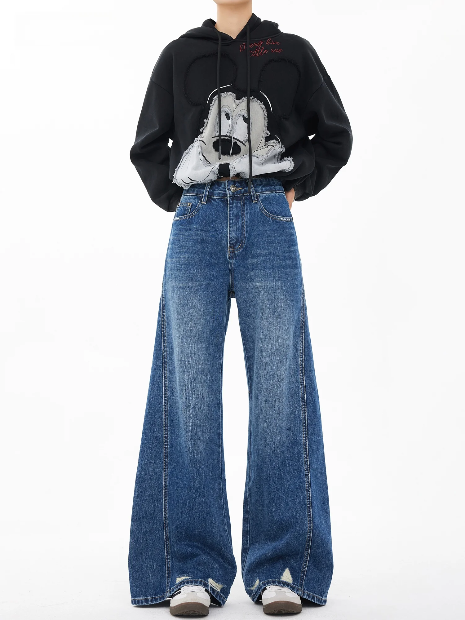 

Retro Loose Fit Bell Bot Jeans Women's Hong Kong Sle Blue Waed Ripped American Design Casual l Waist Denim