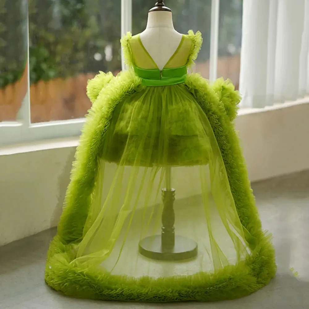 Vestido de niña de flores verdes 2024 para boda, tul en capas hinchado con perlas, fiesta de cumpleaños para bebés y niños, vestidos de primera comunión