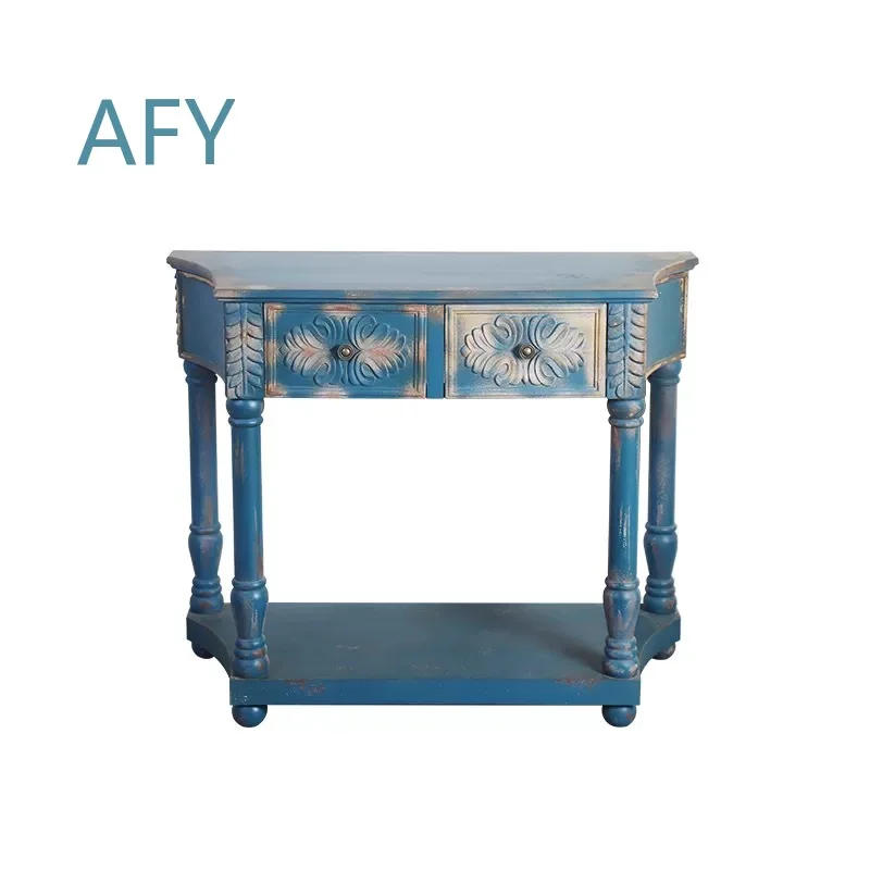Console Table with 2 Drawers for Home Decor Distressed Blue Vintage Style Carved Floral Design Bottom Shelf Entryway Sofa