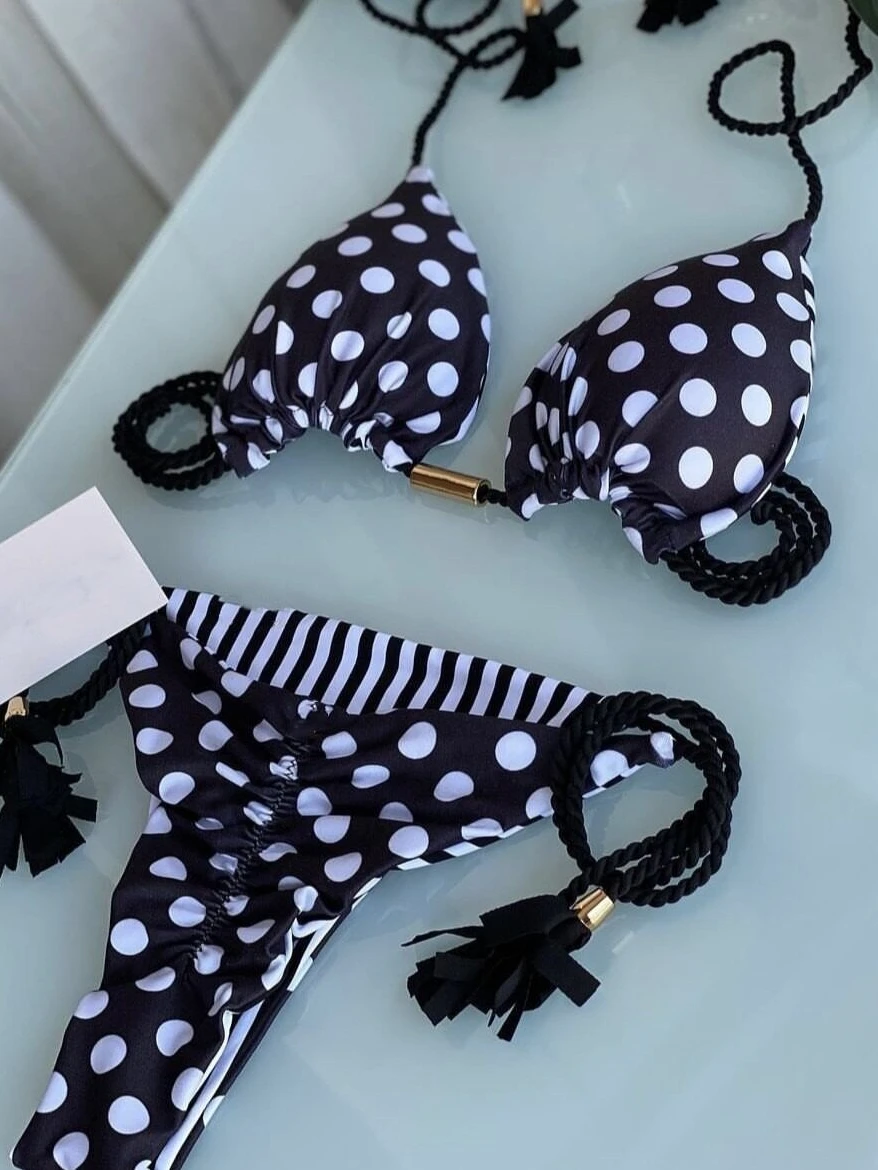 

Handmade Rope Bikini Sexy Swimsuit Separate Pure Color Multicolor Rope Design Swimming Costume Casual Surfing Suit with Chest...