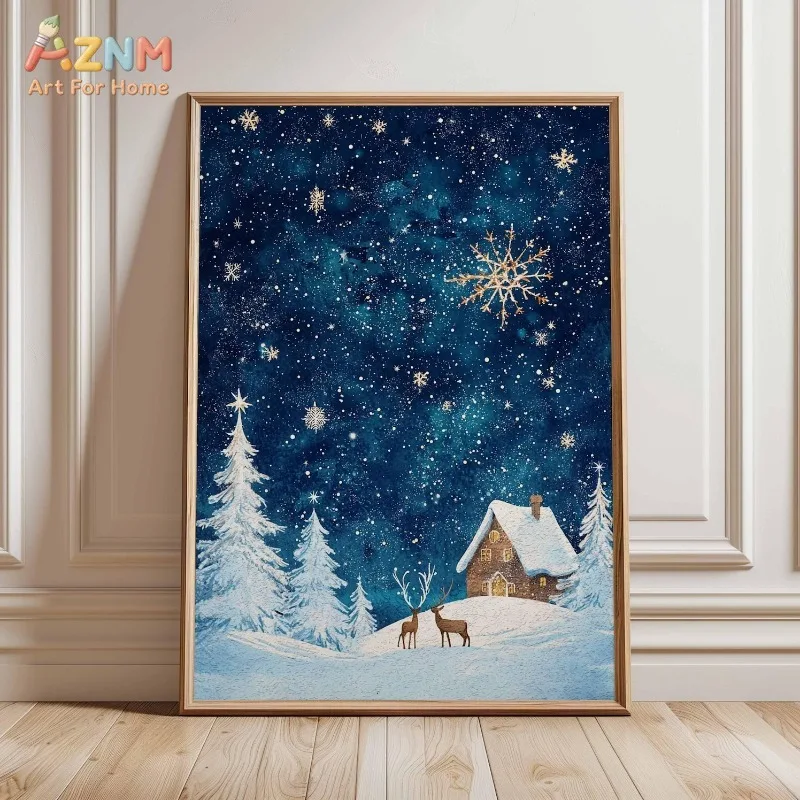 AZNM Winter Starry Night Snowy Forest Cabin Deer Canvas Wall Art Snowflake Pine Tree Christmas Watercolor Landscape Home Unframe