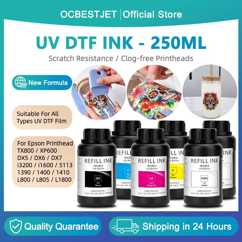 250ML UV DTF Ink For Epson TX800 XP600 DX5 DX6 DX7 i3200 5113 4720 1390 1400 1410 L800 L805 L1800 UV DTF Film Transfer Printer