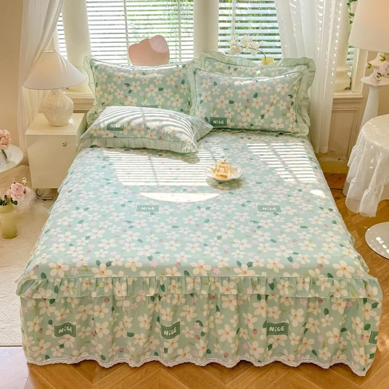 

Fresh Pastoral Flowers Bed Skirt Set 100% Cotton Printed Bedspread King Queen Size Bed Skirt with 2 Pillowcase Home Bedding Set