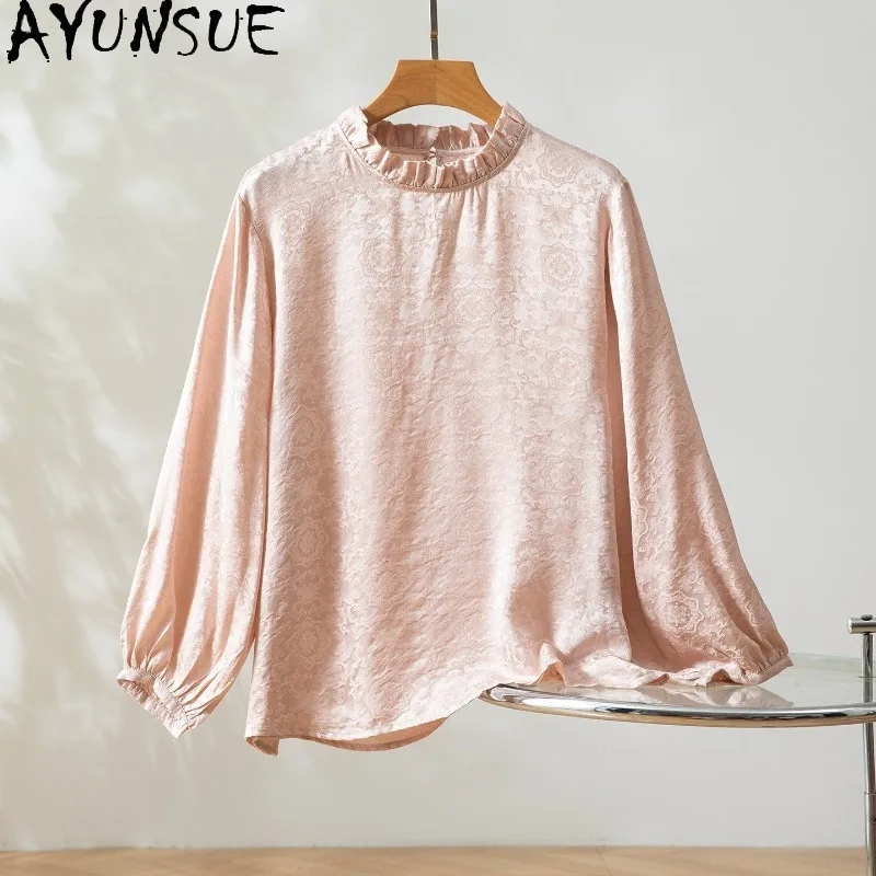 

AYUNSUE 100% шелковые женские блузки, стильные топы с длинным рукавом для женщин, универсальный розовый топ, весенняя женская одежда 2026, Ropa Mujer