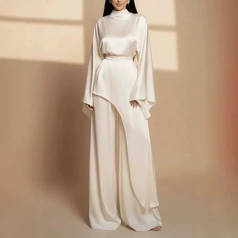 Chic Irregular Top+Wide Leg Pants 2pc Set Simple Solid Loose High Waist Suit Elegant Stand Collar Trumpet Sleeve Office Commut O
