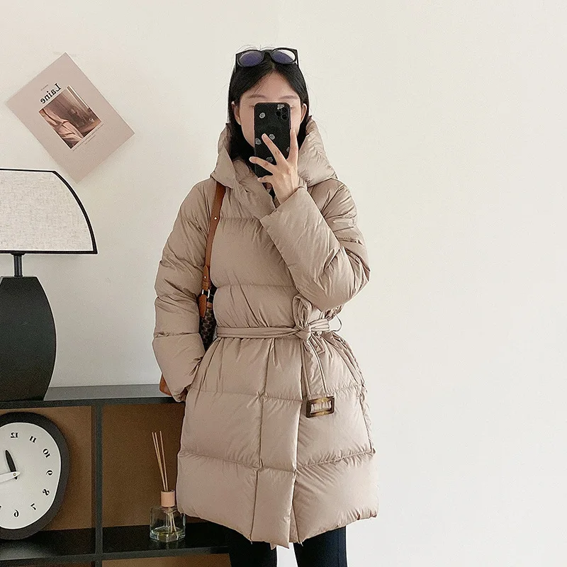Winter Hooded Lace Up Mid Length Down Jacket Women White Duck Down Waterproof Parker Outwears Female Thicken Warm Pocket Jackets