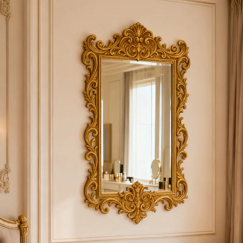 French retro carved wall mirror light luxury court style decorative American bathroom wall hanging bathroom