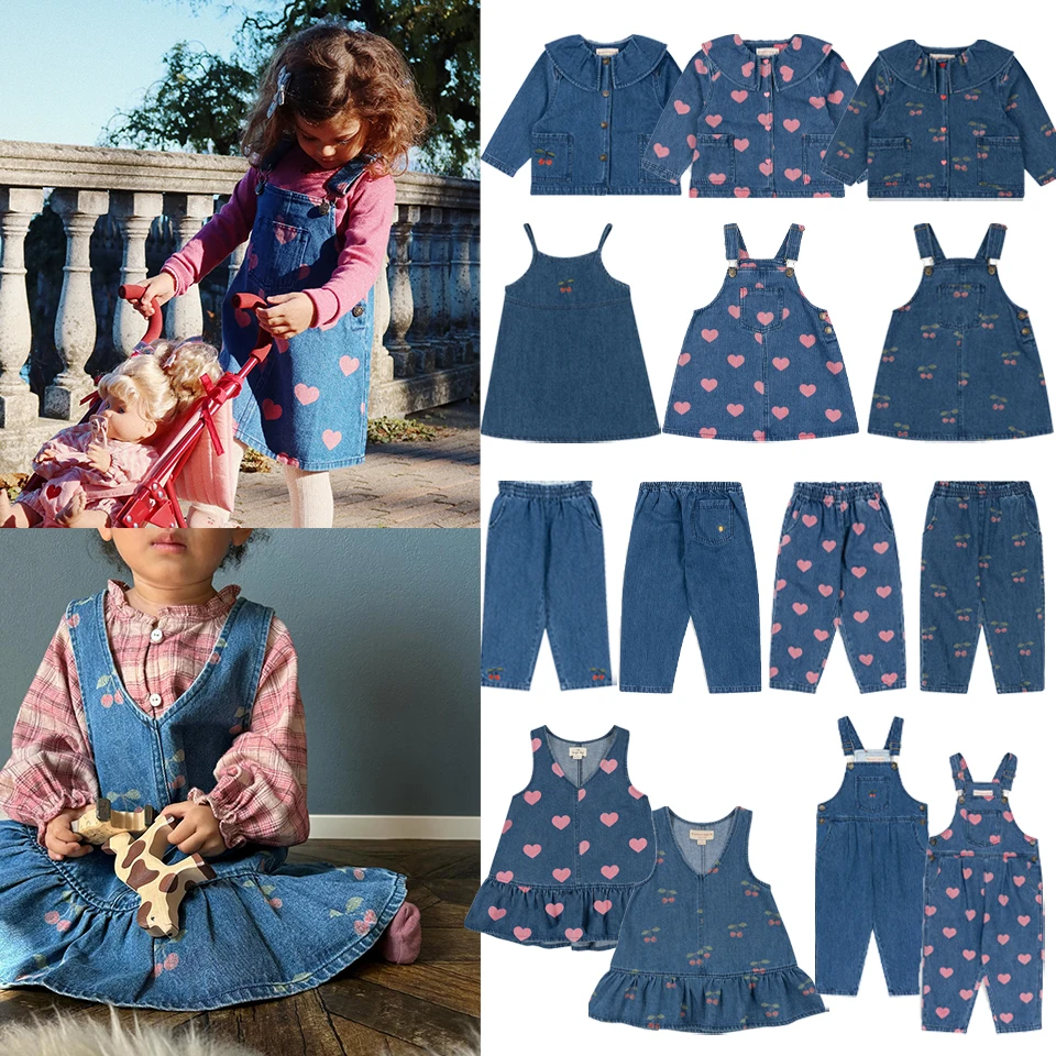 2024 New KS Children Clothes Set Girls Cute Print Dress Kids Braces Jeans Jacket Denim Sling Dresses Overalls Boys Jean Pants