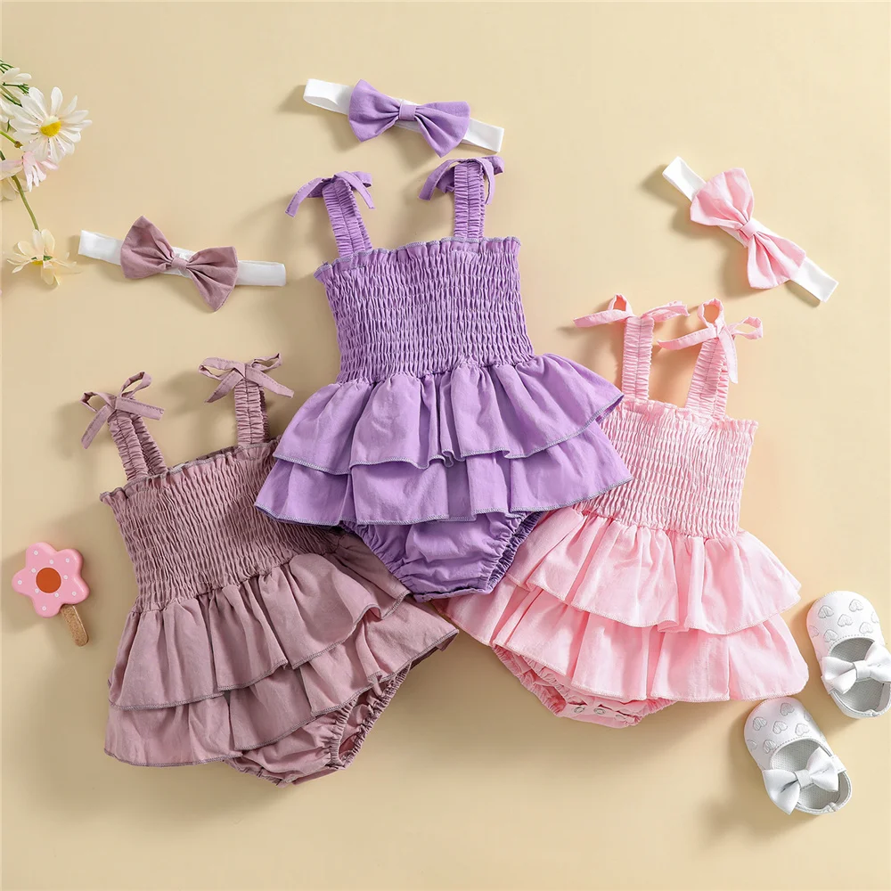 

0-24 Months Baby Girl Sleeveless Layer Romper Dress With Headband Sweet Toddler Kids Solid Color Ruffle Bodysuit Summer Clothes