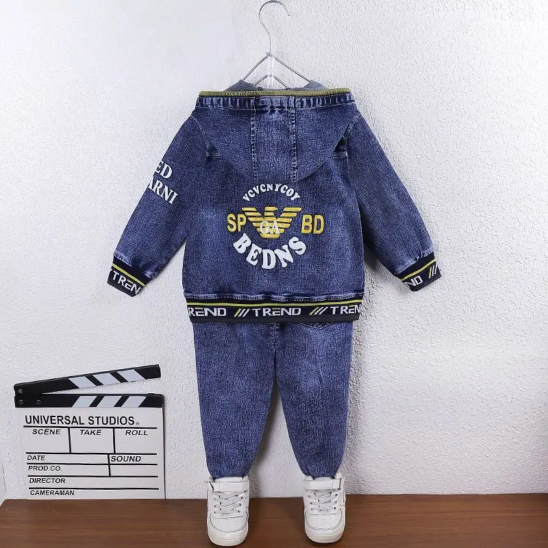 Children Clothes Boy Denim Clothing Sets 2024 Autumn New Fashion Hooded Letters Print 2pcs Jacket & Jeans Suits Top Quality