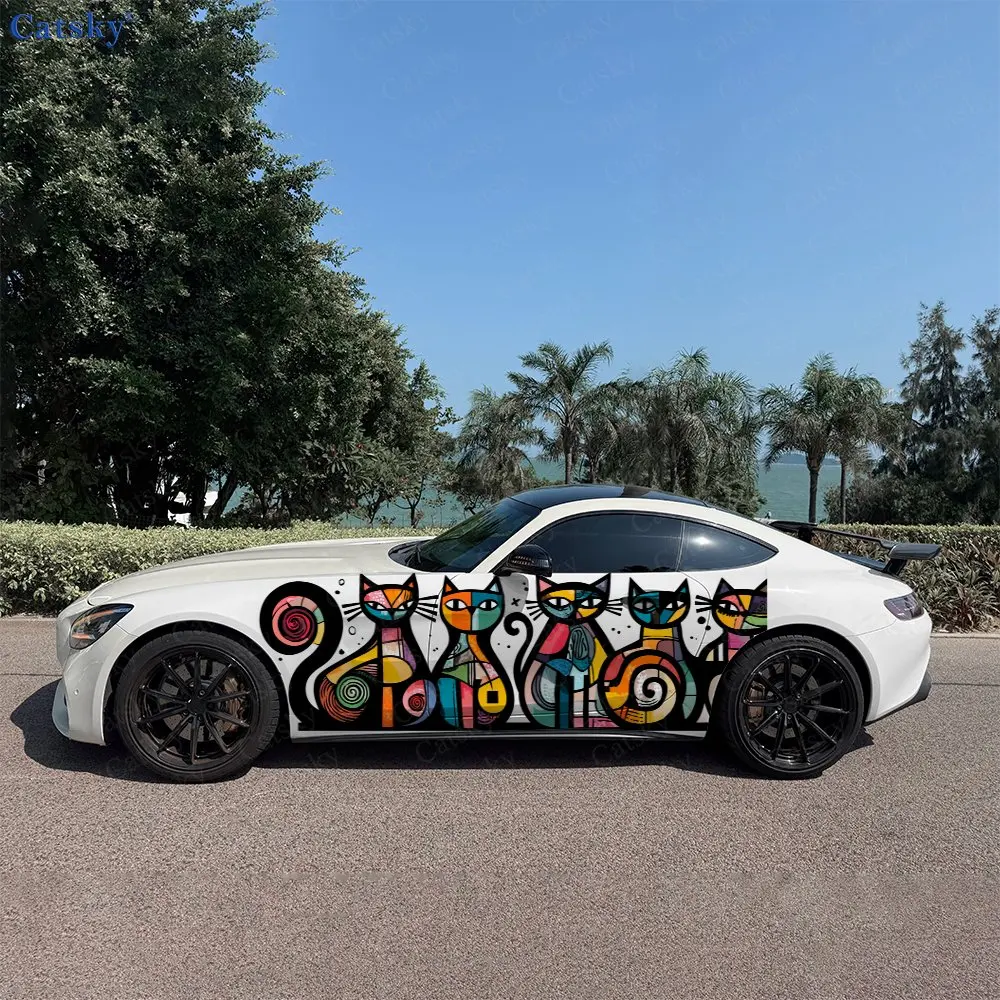 2pcs Abstract Cat Pattern Car Sticker Full Body Floral Decoration Scratches Protective Car Sticker Waterproof Car Vinyl Wraps