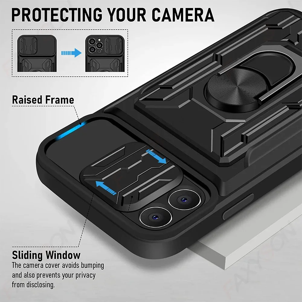 Phone Case For iPhone 18 17 16 15 14 13 12 11 Pro Max Plus SE Slide Camera Card Slot Military Grade Ring 360 Magnetic Back Cover