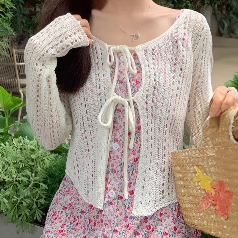 Long Sleeve Crochet Tie Front Top Women Sheer Open-knit Cardigan Sweater Summer Cover Up Fairycore Outfit