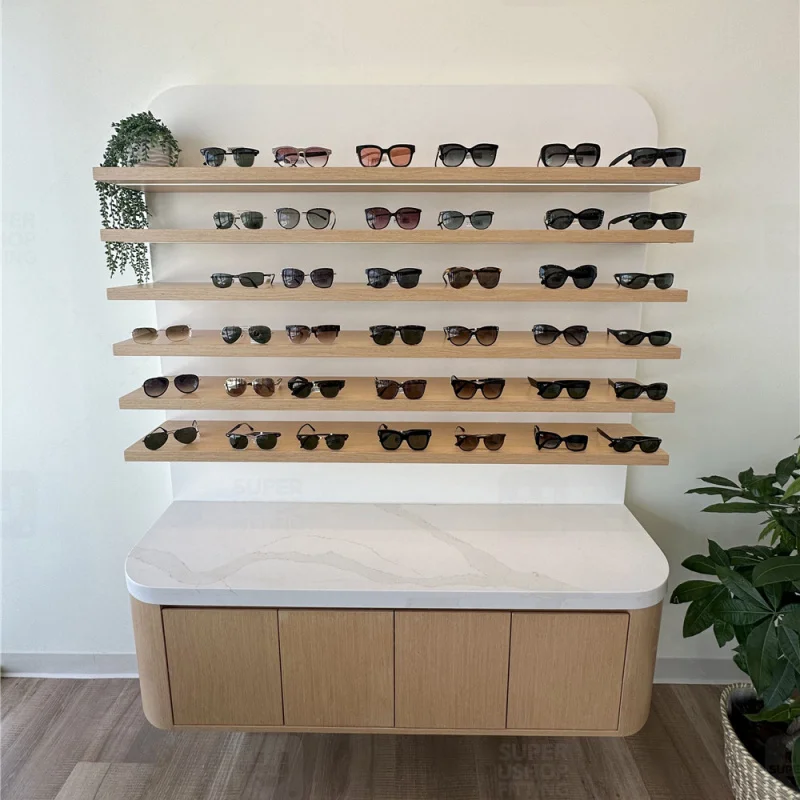 Eyewea-gafas de sol de madera personalizadas, iluminación LED, muebles de exhibición de tienda, estante de exhibición óptico de madera montado en la pared