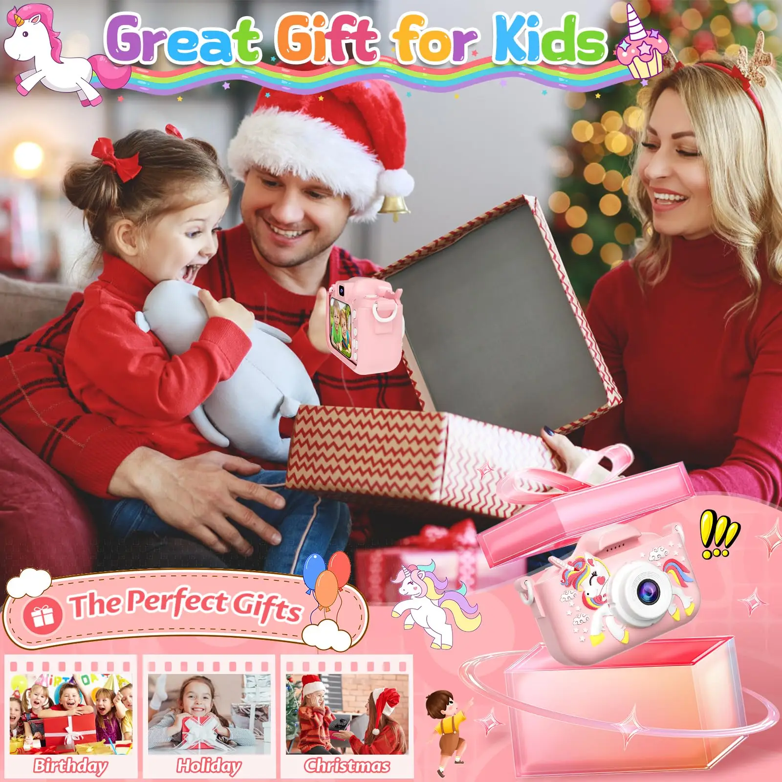 Appareil photo pour enfants avec carte mémoire de 64 Go, résolution 48 MP, enregistrement HD 1080p, cadeau parfait pour les vacances ou les anniversaire pour garçons et filles.