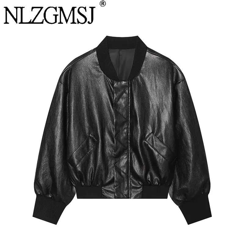 Nlzgmsj 2026 Herbst Damen Kunstleder-Bomberjacke mit geripptem Kragen, Reißverschluss, PU-Jacke, Langarm, Casual Streetwear