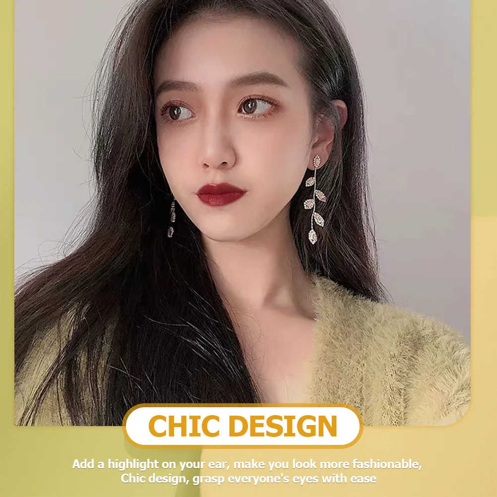 زوج واحد من الأقراط على شكل سلسلة شرابة من حجر الراين وأقراط على شكل أوراق شجر متألقة تضيف الضوء على أذنك لأي مناسبة لمجوهرات الأذن #4