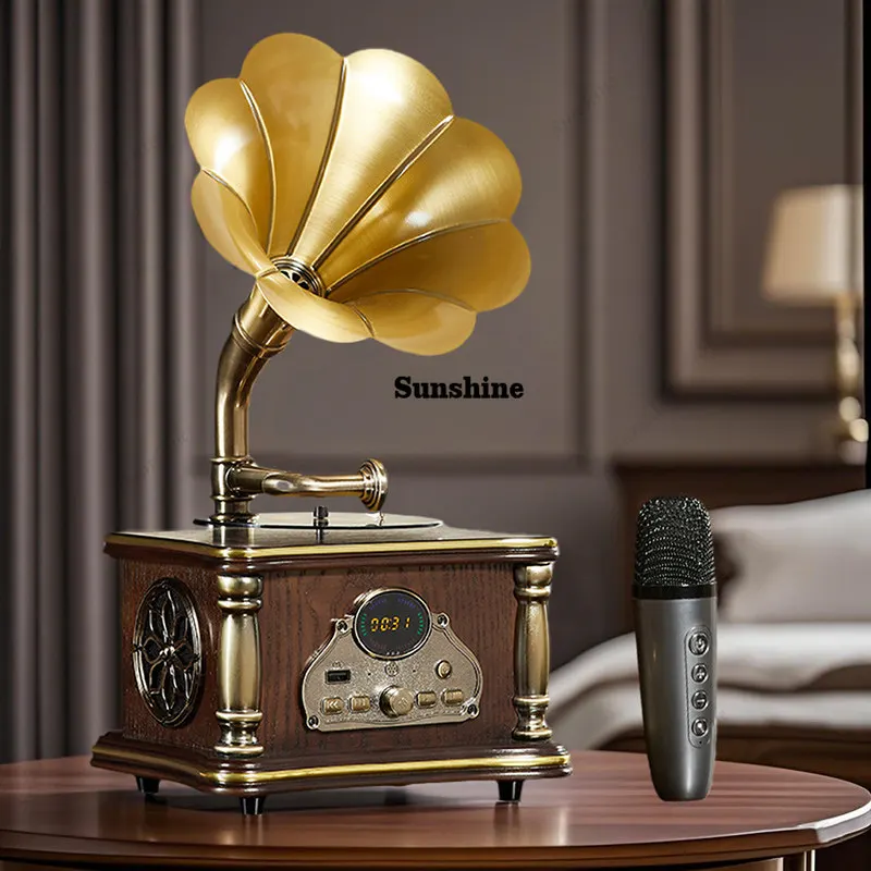 Mini Gramophone Rechargeable Bluetooth Speaker Karaoke Microphone Holiday Gift Vintage Decorative Ornament
