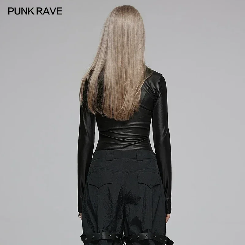 PUNK RAVE Women\'s Daily Long Sleeve Elastic Faux Leather Hollow Chest Tight T-shirt Punk Style Adjustable Pleating Casual Tops