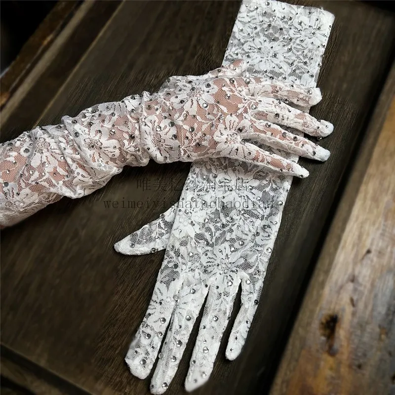 

Women's Elegant Fashion Spring Summer Dimonds Long Lace Glove Female Driving Photograph Performance Party Glove R2331