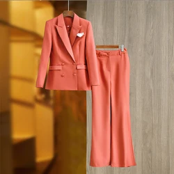 Orange Fashion Pants Set Women's, Medium Length Suit Top Wide Leg Pants Two Piece Set, Long Sleeve, Evening Dress, New Style