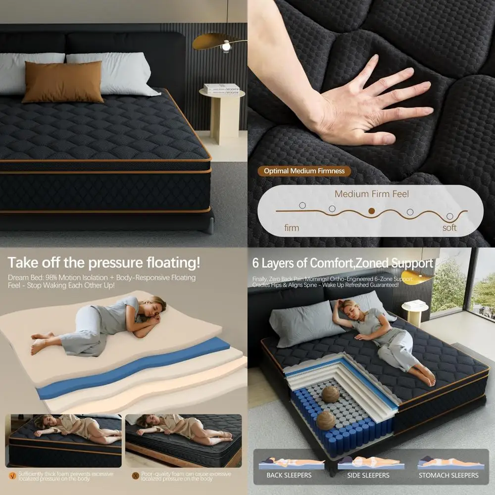Hybrid Firm Mattress 12 Inches - Orthopedic Support with Pocketed Coils and Cooling Gel Foam for Back Pain Relief