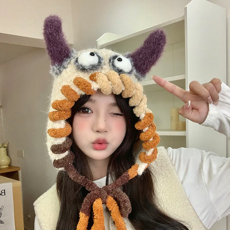 

New Trendy Y2K Dopamine Knitted Hats Women Funny Monster Furry Hats Winter Beanie Cap Outdoor Warm Ear Protection Bomber Hats